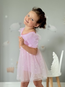 Costum de Baie Intreg pentru Copii, Model Salopeta cu Fustita din Tull, Purple Unicorn, 49 cm - Img 4