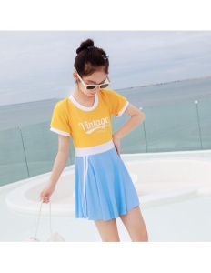 Costum de Baie Intreg pentru Copii, Model Salopeta cu Fustita, Yellow, 56 cm