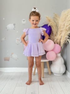 Costum pentru Dans/Gimnastica, Body cu fustita, Maneca Scurta Bufanta, Bumbac si Organza, Mov - Img 2