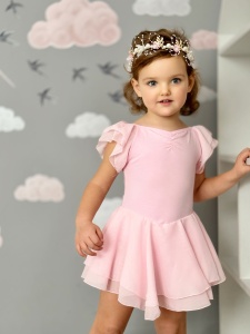 Costum pentru Dans/Gimnastica, Body cu Fustita si Capse, Maneca Scurta Bufanta, Bumbac si Organza, Roz - Img 2