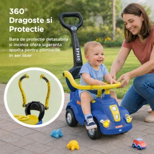 Mașinuță Copii 3 în 1 Ride On, Albastru, cu Mâner Părinte, Bară de Protecție 360°, Volan Interactiv - Img 3