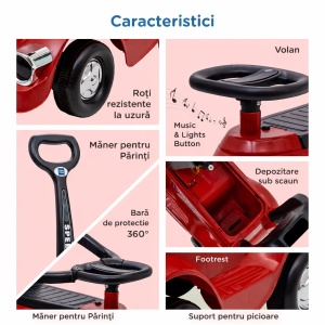 Mașinuță Copii 3 în 1 Ride On, Roșu, cu Mâner Părinte, Bară de Protecție 360°, Volan Interactiv - Img 7