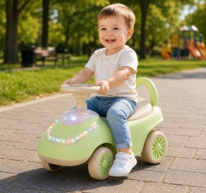 Mașinuță de Împins pentru Copii cu Lumini și Sunete, Volan și Spătar cu Mâner, 4 Roți, Verde,12 luni + - Img 3