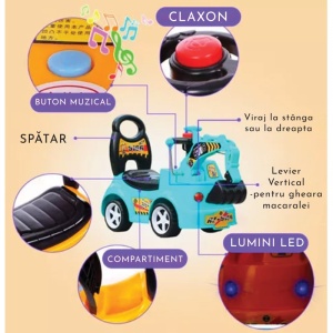 Masinuta Excavator,Galben, 4 melodii pentru copii, varsta recomandata 1-4 ani