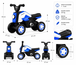Motocicletă Ride-On pentru Copii Albastru, Fără Pedale - Img 2