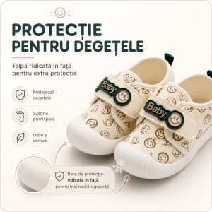 Pantofi Bebeluși pentru Primii Pași, Închidere cu Scai, Branț Moale, Model Smiley Baby, Crem cu Verde - Img 6