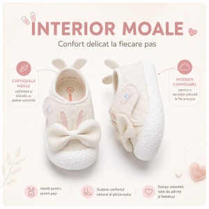 Pantofi Bebeluși pentru Primii Pași, Închidere cu Scai, Branț Moale, Model Fundiță și Urechi de Iepuraș, Roz Pal - Img 4