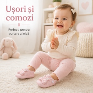 Pantofi Bebeluși pentru Primii Pași, Închidere cu Scai, Branț Moale, Model Fundiță și Urechi de Iepuraș, Roz - Img 8