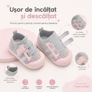 Pantofi Copii pentru Primii Pași, cu Scai, Bandă Elastică, Branț Moale, Talpă Antiderapantă, Gri cu Roz Pal - Img 5