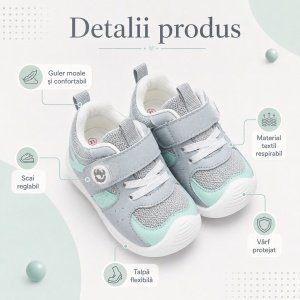 Pantofi Copii Stil Adidași, cu Elastic și Scai, Branț Moale, Talpă din Cauciuc, Gri cu Verde Mentă - Img 2