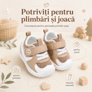 Pantofi Copii Stil Adidași, cu Elastic și Scai, Branț Moale, Talpă din Cauciuc, Alb cu Bej - Img 8