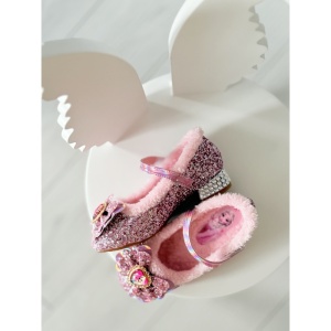 Pantofi Eleganti cu Toc, Sclipici si Strasuri, Pufosi in Interior, Bareta cu Scai, Roz cu Fundita