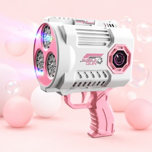 Pistol pentru Baloane de Săpun Bubble Blaster Pro Roz-Alb cu Acumulator Reîncărcabil, Încărcare USB, 3 Orificii, Lumini LED - Img 3
