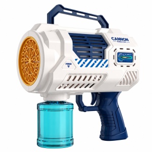 Pistol pentru Baloane de Săpun Bubble Blaster Space Pro Albastru-Alb, cu Efecte Luminoase LED, Funcționează pe Baterii
