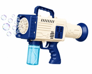 Pistol pentru Baloane de Săpun Model Bubble Rocket Albastru-Alb, cu Lumini LED, Funcționare pe Baterii