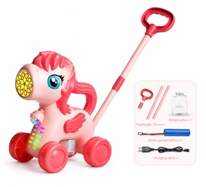 Pistol pentru Baloane de Săpun Model Ponei Magic Roz, cu Lumini LED, Acumulator Reîncărcabil, Încărcare prin Cablu USB Inclus, Mâner de Împingere