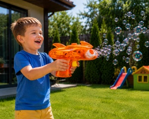 Pistol pentru Baloane de Săpun Model Sky Blaster Portocaliu Transparent, cu Lumini LED, Funcționare pe Baterii - Img 2