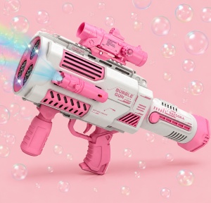 Pistol pentru Baloane de Săpun Tip Pușcă Roz-Alb, Reîncărcabil prin USB, Lumini LED - Img 4