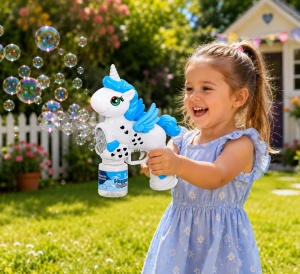 Pistol pentru Baloane de Săpun Unicorn Albastru-Roz, Lumini LED, Funcționare pe Baterii - Img 2