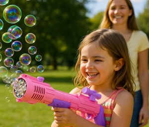 Pistol Tip Pușcă Roz pentru Baloane de Săpun cu Lumini LED, Funcționare pe Baterii - Img 4