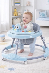 Premergător Bebe Pliabil, 6-18 Luni, Reglabil pe 6 Niveluri, cu Centru de Activități Model Maimuță, Albastru/Gri - Maner Parental - Img 2