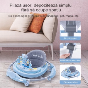 Premergător Copii 6-18 Luni Albastru, Model Elefant, cu Mâner de Împingere, Reglabil pe Înălțime, Centru de Activități Interactiv, Pliabil - Img 3