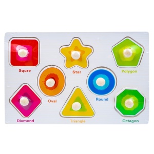 Puzzle Montessori din Lemn, Tablita cu Forme Geometrice, 8 Piese, Dimensiune 12.5x15cm