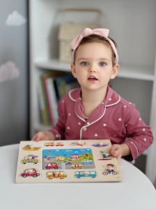 Puzzle Montessori din Lemn, Tablita Transport si Vehicule,10 Piese + Puzzle 5 Piese, Dimensiune 30x22.5 cm - Img 4