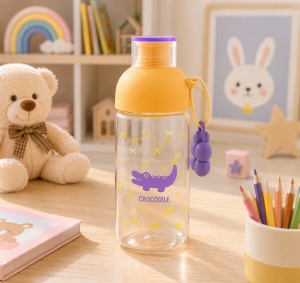 Recipient pentru Apa, Galben, Sticla, Model Crocodile si Floare, 450 ml - Img 3