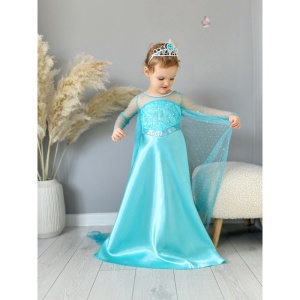 Rochie Fetite Carnaval Printesa Ghetii, Saten/Tull, cu Trena si Paiete, Turquoise - Img 2