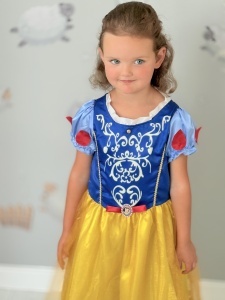 Rochie Fetite Carnaval, Printesa, Tull/Saten, Albastru si Galben, Sclipici Auriu - Img 3