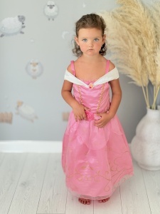Rochie Fetite Carnaval, Printesa, Tull/Saten, Roz, Sclipici Auriu, Floare si Brosa