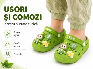 Saboți Copii Tip Crocs cu Personaj 3D, Balon și Stea Decorativa, Baretă Reglabilă, Talpă Antiderapantă, Verde - Img 11