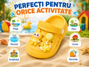 Saboți Copii Tip Crocs cu Personaj 3D, Balon și Stea Decorativa, Baretă Reglabilă, Talpă Antiderapantă, Galben - Img 6