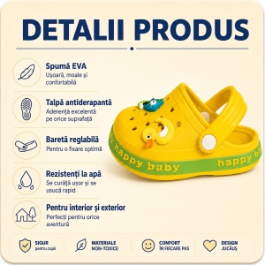 Saboți Copii Tip Crocs din Spumă cu Accesorii 3D Detașabile, Baretă Reglabilă, Talpă Antiderapantă, Galben - Img 2