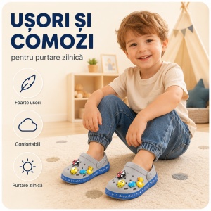Saboți Copii Tip Crocs din Spumă cu Accesorii 3D Detașabile și Baretă Reglabilă, Gri - Img 7