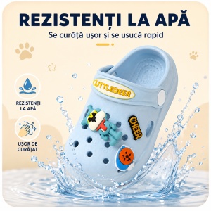 Saboți Copii Tip Crocs din Spumă cu Accesorii Detașabile și Baretă Reglabilă, Bleu - Img 6