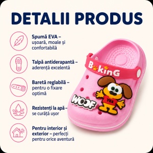 Saboți Copii Tip Crocs din Spumă cu Cățeluș 3D, Baretă Reglabilă, Talpă Antiderapantă, Roz - Img 2