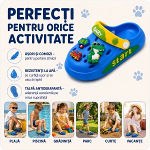 Saboți Copii Tip Crocs din Spumă cu Dino Baby 3D și Accesorii Decorative, Baretă Reglabilă, Talpă Antiderapantă, Albastru - Img 8