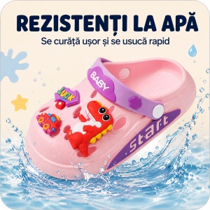 Saboți Copii Tip Crocs din Spumă cu Dino Baby 3D și Accesorii Decorative, Baretă Reglabilă, Talpă Antiderapantă, Roz - Img 5