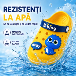 Saboți Copii Tip Crocs din Spumă cu Dinozaur 3D Albastru, Baretă Reglabilă, Talpă Antiderapantă, Galben - Img 5