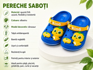 Saboți Copii Tip Crocs din Spumă cu Dinozaur 3D Galben, Baretă Reglabilă, Talpă Antiderapantă, Albastru - Img 4