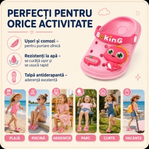 Saboți Copii Tip Crocs din Spumă cu Dinozaur 3D Roz, Baretă Reglabilă, Talpă Antiderapantă, Roz - Img 8
