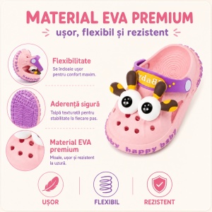 Saboți Copii Tip Crocs din Spumă cu Girafă 3D, Baretă Reglabilă, Talpă Antiderapantă, Roz - Img 4