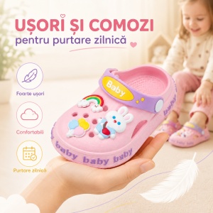 Saboți Copii Tip Crocs din Spumă cu Iepuraș 3D și Curcubeu Decorativ, Baretă Reglabilă, Talpă Antiderapantă, Roz - Img 7