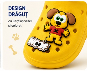 Saboți Copii Tip Crocs din Spumă EVA cu Cățeluș 3D, Baretă Reglabilă, Talpă Antiderapantă, Galben - Img 8