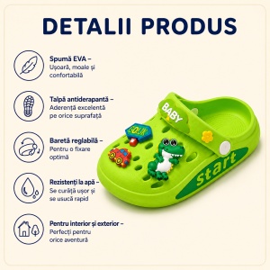 Saboți Copii Tip Crocs din Spumă EVA cu Dino Baby 3D și Accesorii Decorative, Baretă Reglabilă, Talpă Antiderapantă, Verde - Img 2