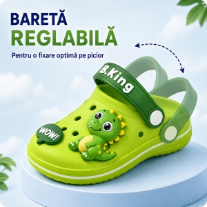 Saboți Copii Tip Crocs din Spumă EVA cu Dinozaur 3D Verde, Baretă Reglabilă, Talpă Antiderapantă, Verde - Img 3
