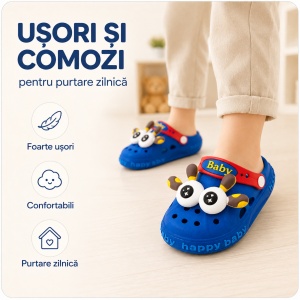 Saboți Copii Tip Crocs din Spumă EVA cu Girafă 3D, Baretă Reglabilă, Talpă Antiderapantă, Albastru - Img 6