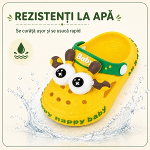 Saboți Copii Tip Crocs din Spumă EVA cu Girafă 3D, Baretă Reglabilă, Talpă Antiderapantă, Galben - Img 3